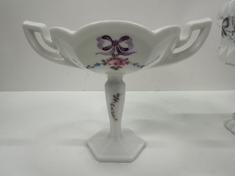 Vintage Westmoreland Milk Glass: Pedestal Covered Wedding Cake Box 9.5H & 'Roses & Bows' Pedestal Bowl [Photo 7]