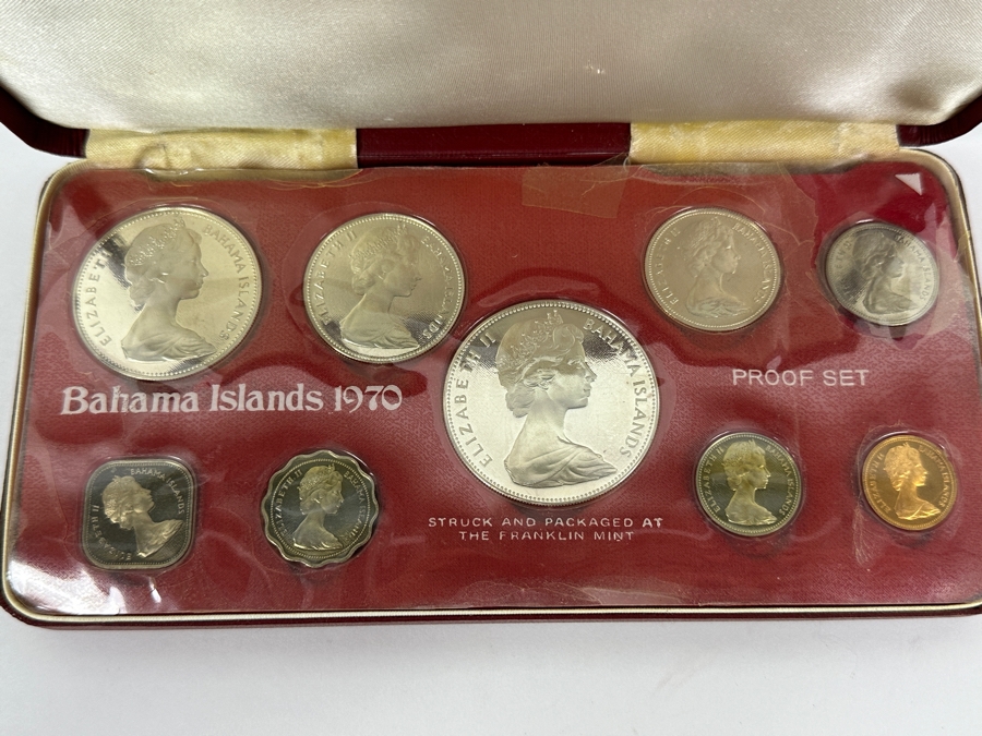 Vintage 1970 Bahamas 9-Coin Proof Set Struck By The Franklin Mint Featuring Four Silver Coins Weighing 2.873 Troy Ounces [Photo 2]
