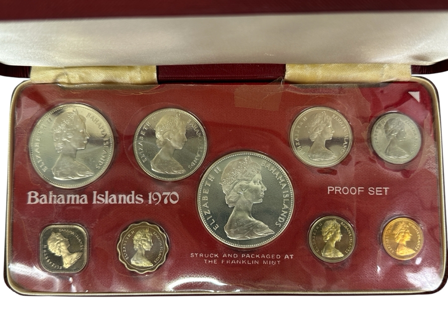 Vintage 1970 Bahamas 9-Coin Proof Set Struck By The Franklin Mint Featuring Four Silver Coins Weighing 2.873 Troy Ounces