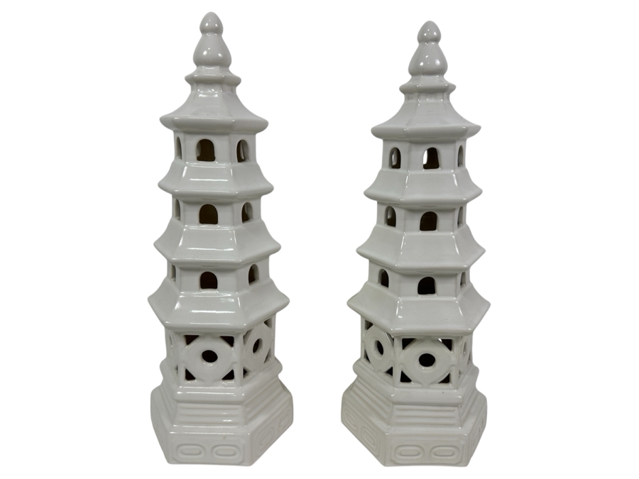 Pair Of White Ceramic Pagoda Sculptures 18H