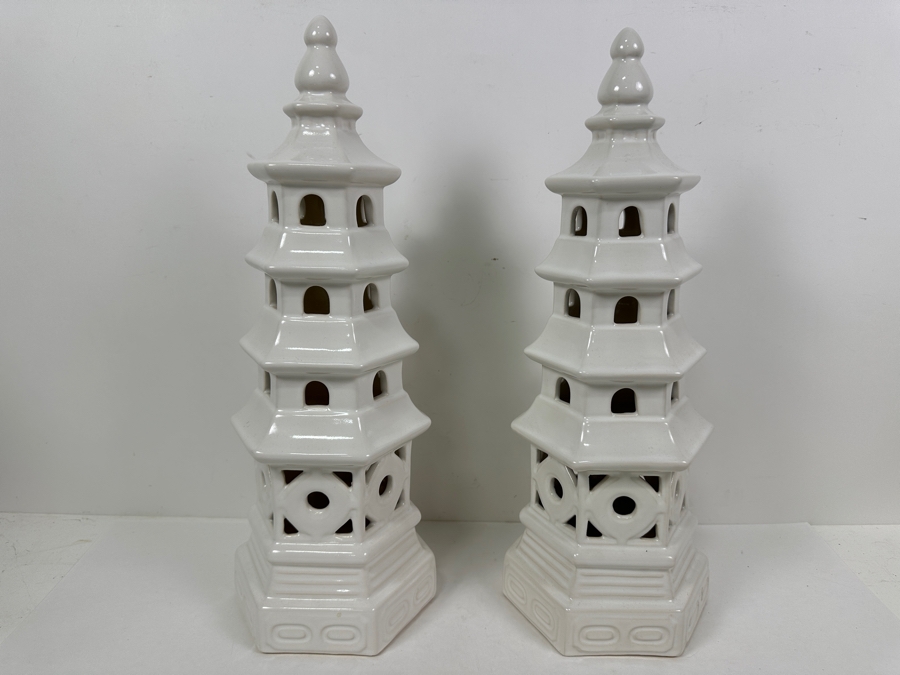 Pair Of White Ceramic Pagoda Sculptures 18H [Photo 2]