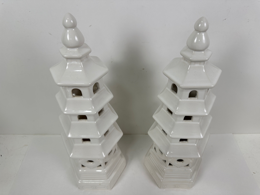 Pair Of White Ceramic Pagoda Sculptures 18H [Photo 3]