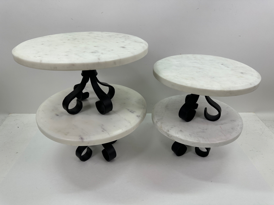 (4) Marble Pedestal Stands With Metal Bases: (2) 12”W & (2) 10”W [Photo 4]