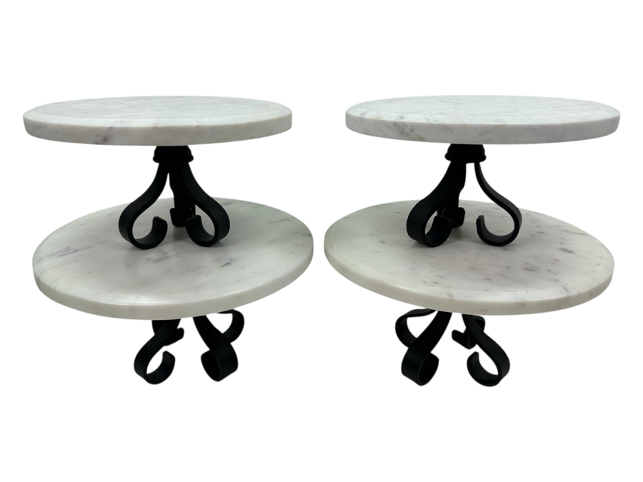 (4) Marble Pedestal Stands With Metal Bases: (2) 12”W & (2) 10”W