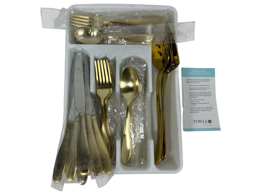 New Towle Living Gold Tone Stainless Steel Flatware Set Approximate Service For 8