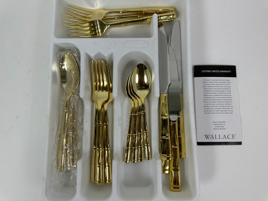 New Wallace Gold Tone Faux Bamboo Stainless Steel Flatware Set Approximate Service For 4 [Photo 2]