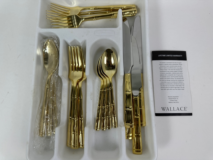 New Wallace Gold Tone Faux Bamboo Stainless Steel Flatware Set Approximate Service For 4 [Photo 3]