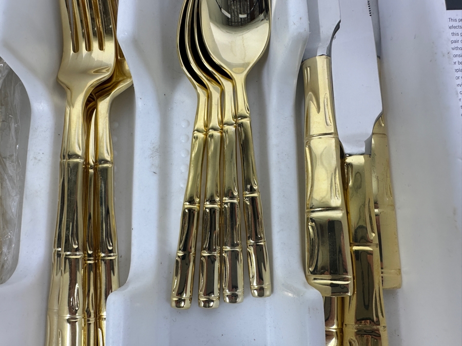 New Wallace Gold Tone Faux Bamboo Stainless Steel Flatware Set Approximate Service For 4 [Photo 4]