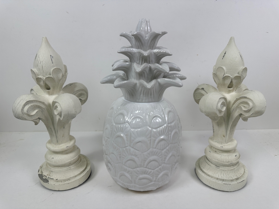 Pair Of Wooden Fleur-de-lis Sculptures 12H And White Ceramic Pineapple Sculpture 13.5H [Photo 3]