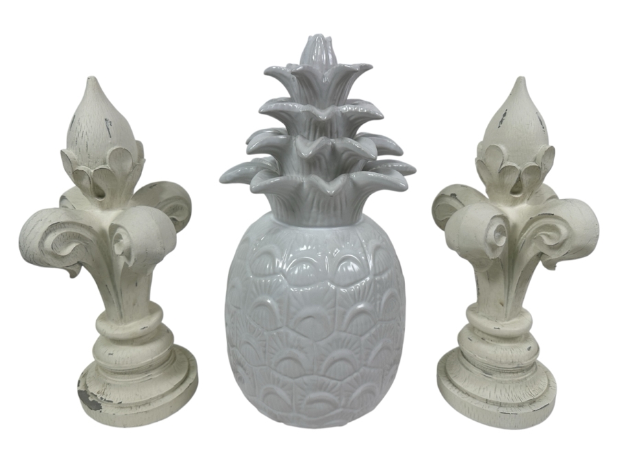 Pair Of Wooden Fleur-de-lis Sculptures 12H And White Ceramic Pineapple Sculpture 13.5H