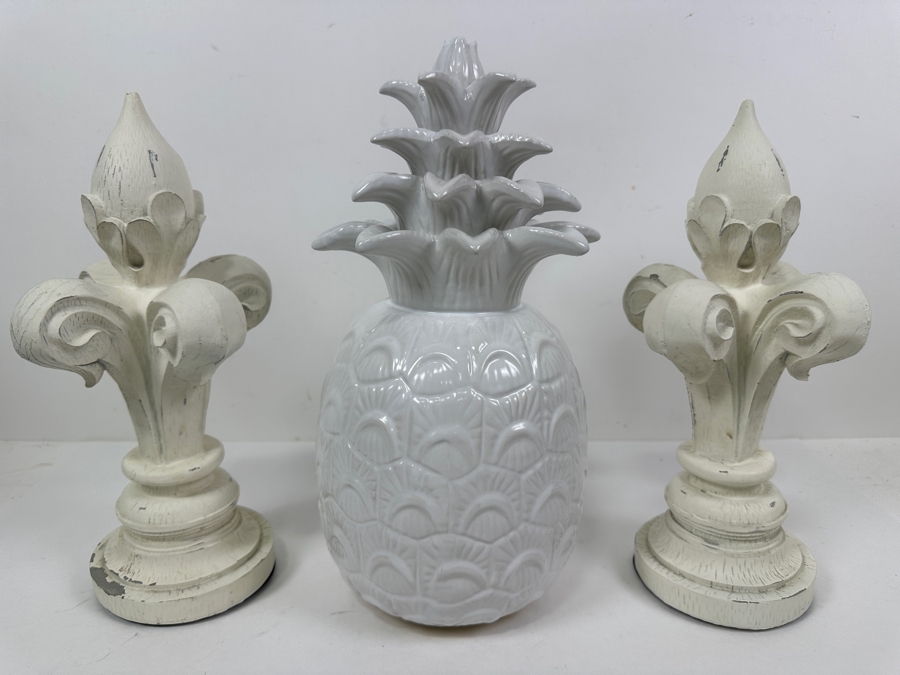 Pair Of Wooden Fleur-de-lis Sculptures 12H And White Ceramic Pineapple Sculpture 13.5H [Photo 2]