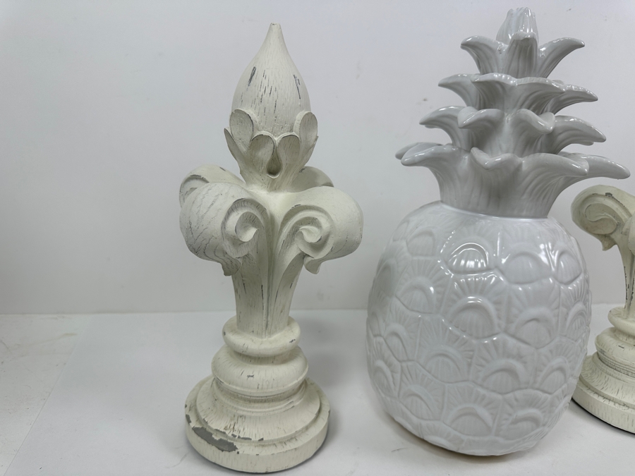 Pair Of Wooden Fleur-de-lis Sculptures 12H And White Ceramic Pineapple Sculpture 13.5H [Photo 5]