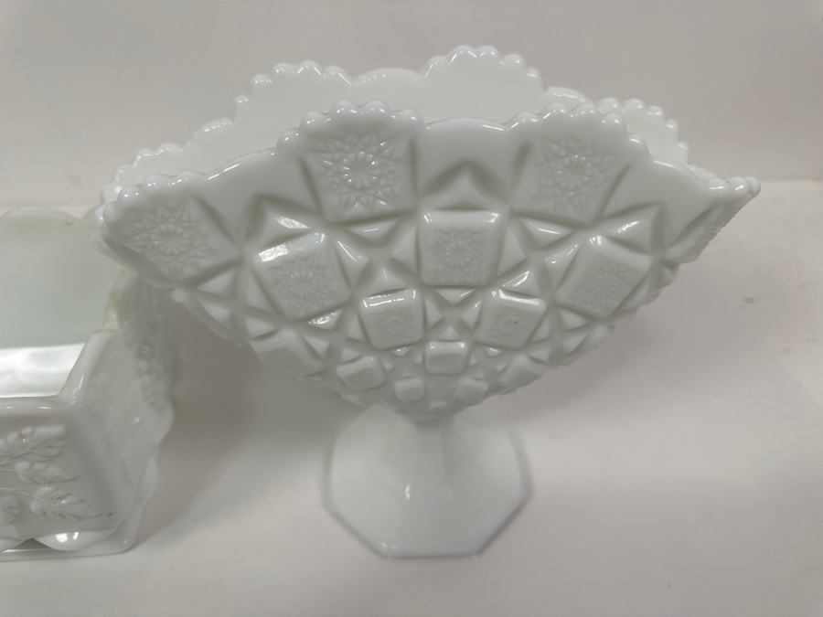(2) Westmoreland Milk Glass: Cachepot Planter 4H And Vase 7H [Photo 3]