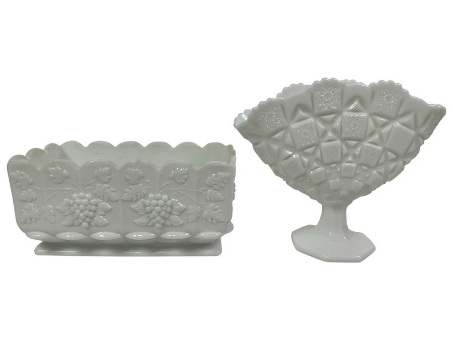 (2) Westmoreland Milk Glass: Cachepot Planter 4H And Vase 7H