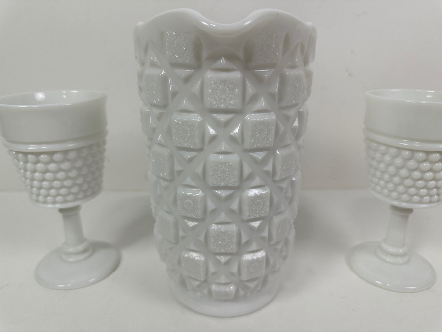 Vintage Westmoreland Milk Glass Pitcher 8.5H And (2) Milk Glass Chalices 6.5H [Photo 4]
