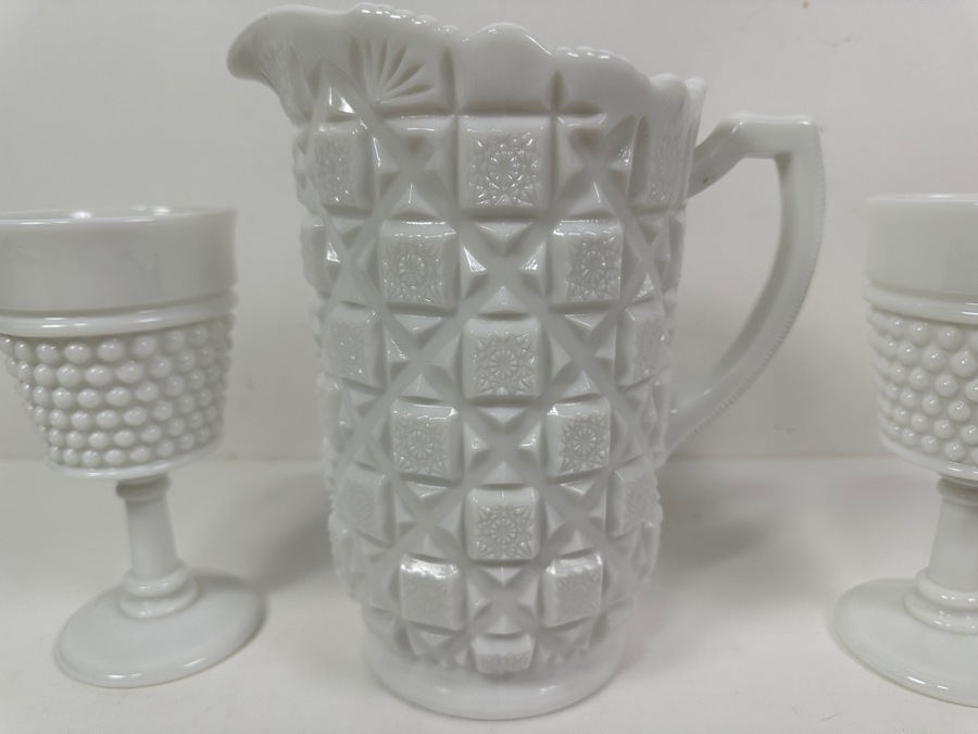 Vintage Westmoreland Milk Glass Pitcher 8.5H And (2) Milk Glass Chalices 6.5H [Photo 2]