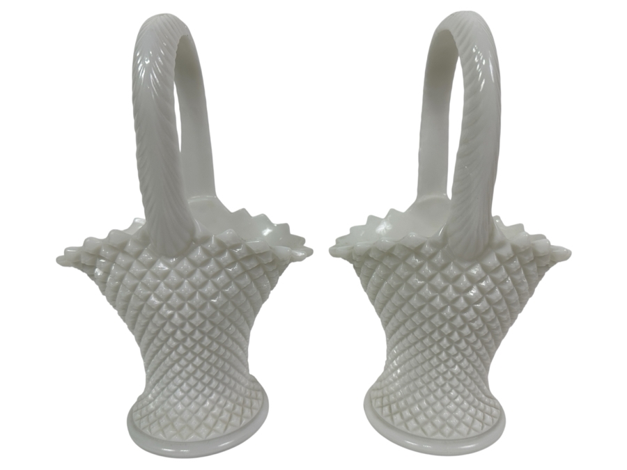 Pair Of Westmoreland Milk Glass Baskets 9”H