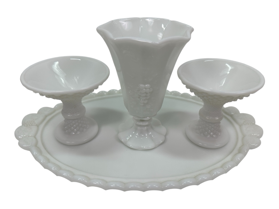 Westmoreland Milk Glass Tray 13.5W And (3) Milk Glass Footed Cups