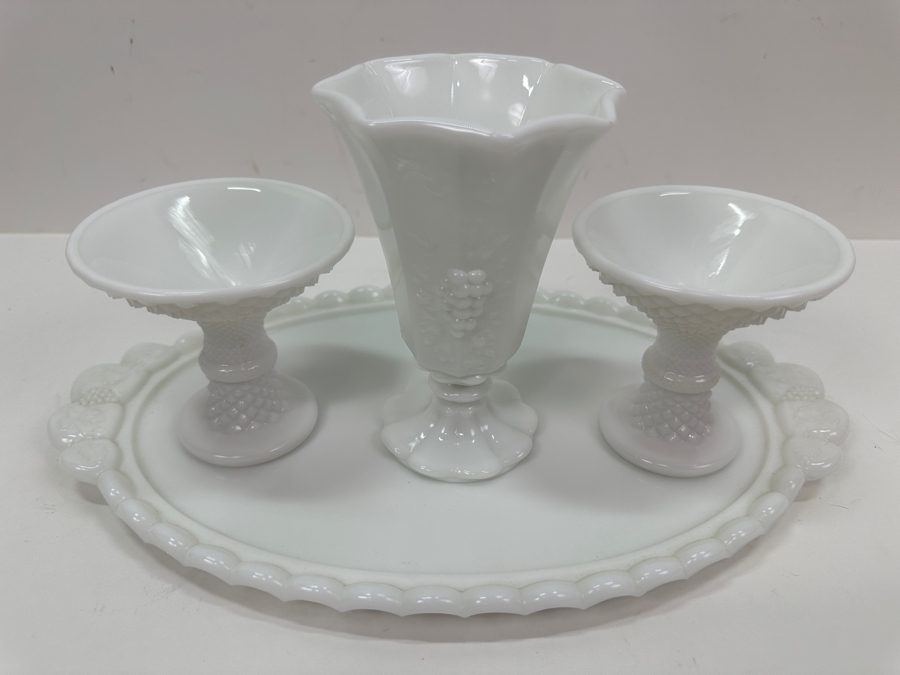 Westmoreland Milk Glass Tray 13.5W And (3) Milk Glass Footed Cups [Photo 2]