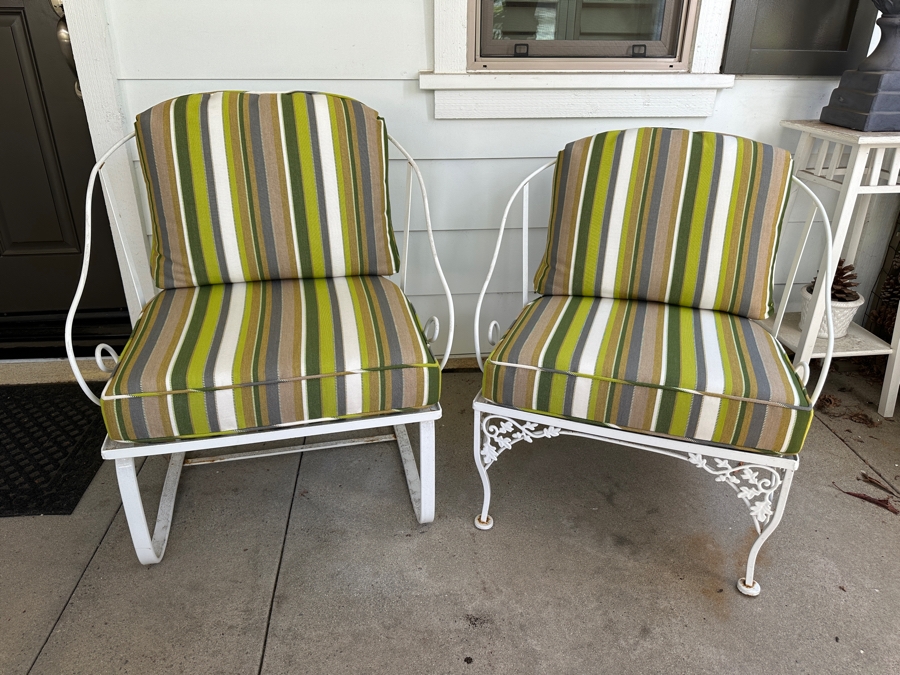 Pair Of Outdoor Furniture Painted White Metal Armchairs With Newer Cushions - One Is A Rocker