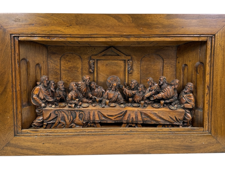 Large Relief Carved Wooden Sculpture Of The Last Supper (Missing Hand) 33.5W X 20H X 6D