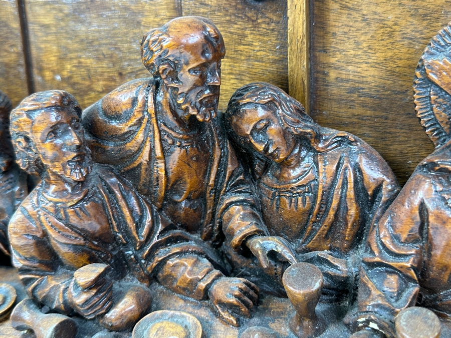 Large Relief Carved Wooden Sculpture Of The Last Supper (Missing Hand) 33.5W X 20H X 6D [Photo 9]