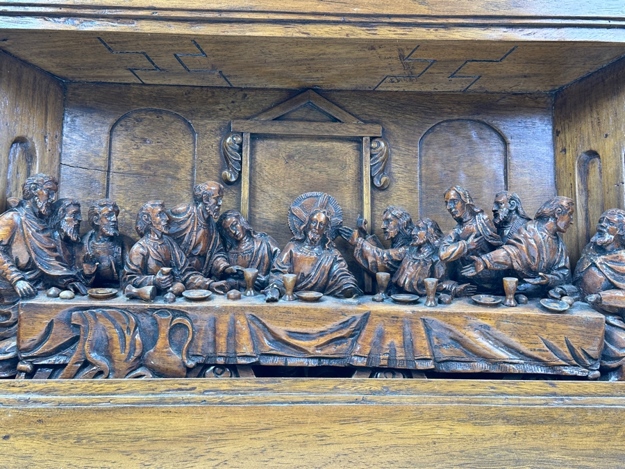 Large Relief Carved Wooden Sculpture Of The Last Supper (Missing Hand) 33.5W X 20H X 6D [Photo 14]
