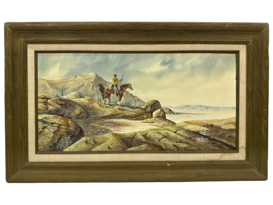 Pat Waters Original Western Cowboy Watercolor On Board Titled 'Almost Day' Signed And Dated 1975 24W X 12H Framed 30.5 X 19 [Photo 1]