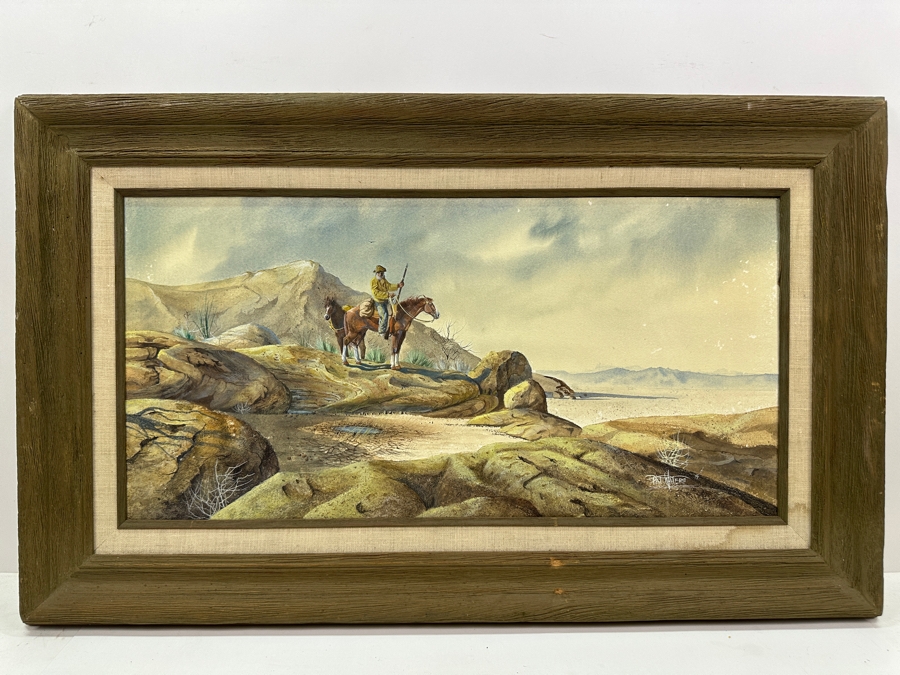 Pat Waters Original Western Cowboy Watercolor On Board Titled 'Almost Day' Signed And Dated 1975 24W X 12H Framed 30.5 X 19 [Photo 2]