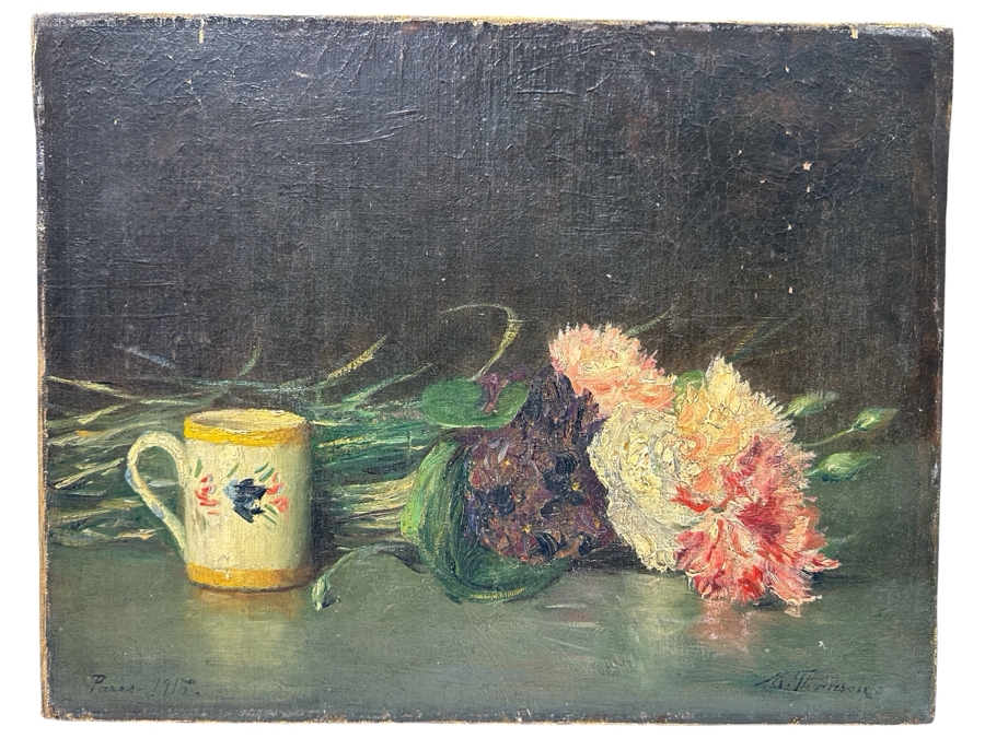 M. Thomson Original Still Life Oil Painting On Canvas Paris France Dated 1915 18W X 14H