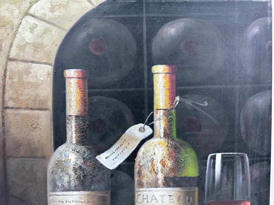 Stunning Original Wine Cellar Still Life Painting On Canvas With Old Wine Bottles Artist Signature Illegible 20 X 24 [Photo 6]