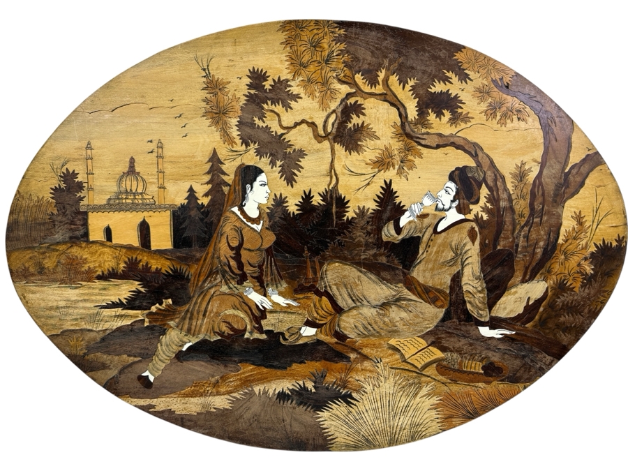 Stunning Wooden Inlay Marquetry Indian Wall Plaque 35W X 24H