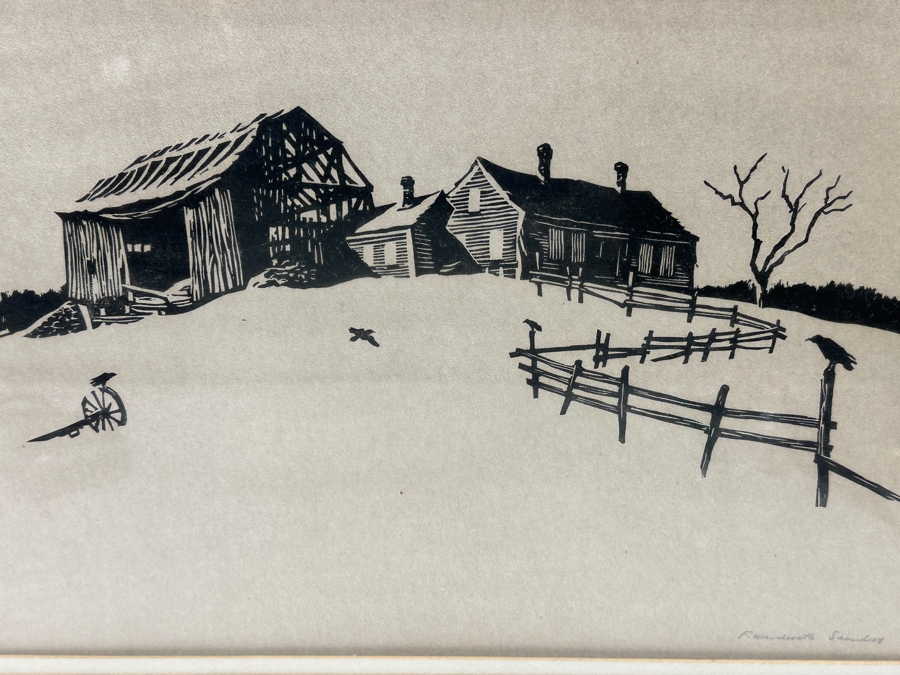 Francis Wenderoth Saunders Woodcut Print Titled 'A Crow's World' Hand Signed By Artist 18 X 11 Framed 25 X 19 [Photo 3]