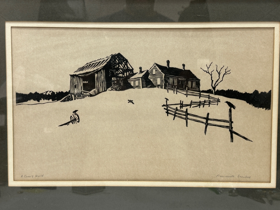 Francis Wenderoth Saunders Woodcut Print Titled 'A Crow's World' Hand Signed By Artist 18 X 11 Framed 25 X 19