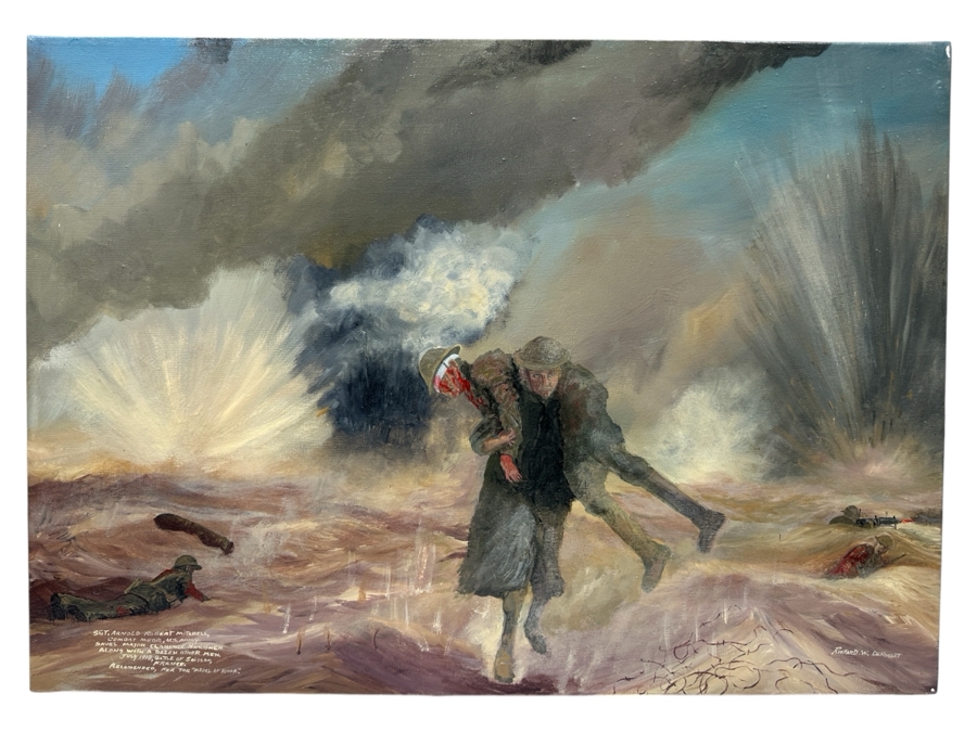 Original Painting By Richard W. DeRosset Reenacting Scene From The Battle Of Soisson July 1918 In France Titled “No Mans Land” - See Photos For Full Description Of Historical Painting 28 X 20