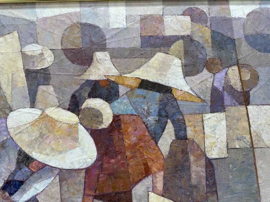Saard (Sa-ard) Thanomwong (B. 1941, Thailand) Original Oil Painting On Canvas The Paddy Fields With Cubist Influence Signed Lower Left Dated 1986 29.5 X 20 [Photo 4]