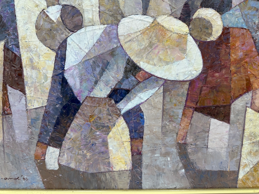 Saard (Sa-ard) Thanomwong (B. 1941, Thailand) Original Oil Painting On Canvas The Paddy Fields With Cubist Influence Signed Lower Left Dated 1986 29.5 X 20 [Photo 2]