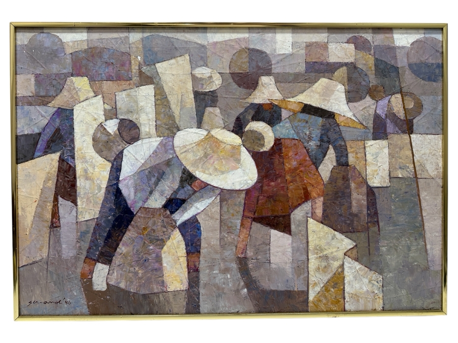 Saard (Sa-ard) Thanomwong (B. 1941, Thailand) Original Oil Painting On Canvas The Paddy Fields With Cubist Influence Signed Lower Left Dated 1986 29.5 X 20 [Photo 1]