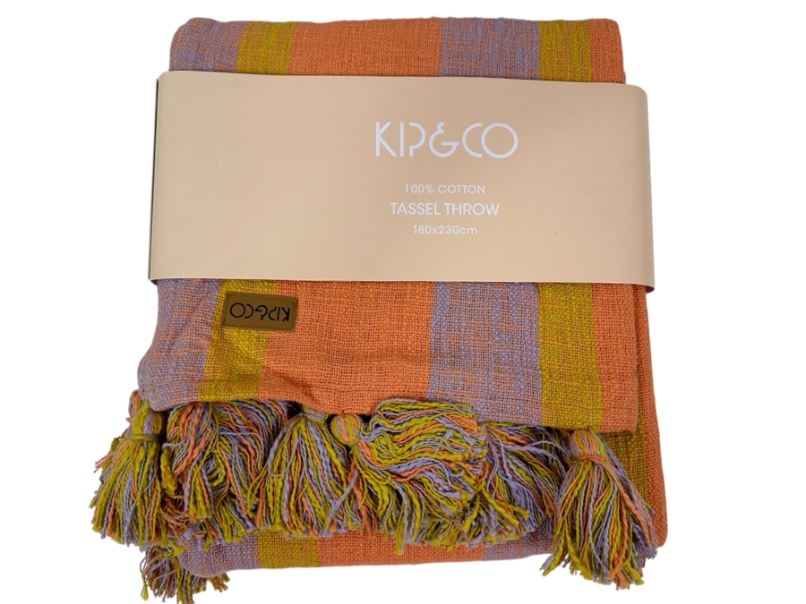New Kip & Co 100% Cotton Yellow, Lavender and Orange Tassel Throw Designed In Melbourne / Made In India 180cm x 230cm Retails $175 [Photo 1]