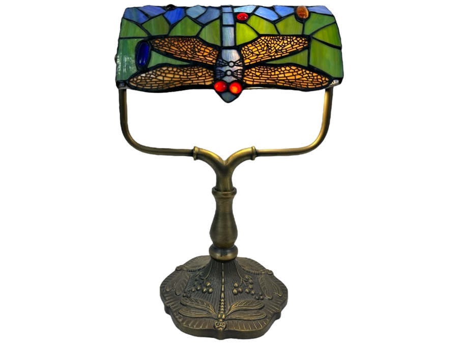 Tiffany Style Stained Glass Dragonfly Desk Lamp 14H