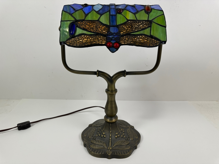 Tiffany Style Stained Glass Dragonfly Desk Lamp 14H [Photo 5]