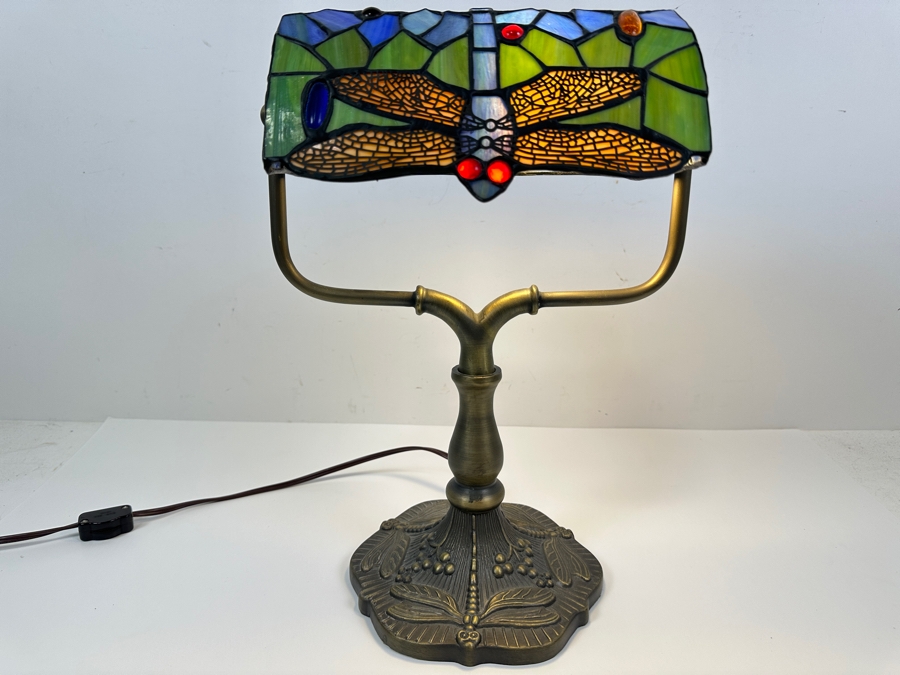 Tiffany Style Stained Glass Dragonfly Desk Lamp 14H [Photo 2]