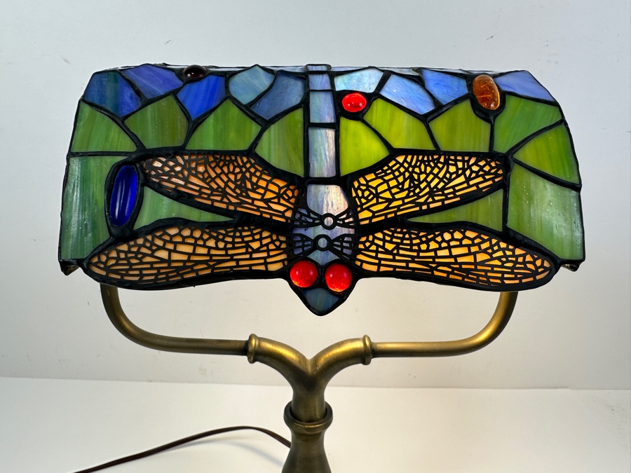 Tiffany Style Stained Glass Dragonfly Desk Lamp 14H [Photo 3]