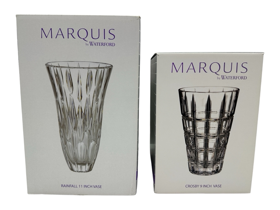 Pair Of Waterford Crystal Vases With Original Boxes: 9' Marquis Crosby Vase & 11' Marquis Rainfall Vase [Photo 1]