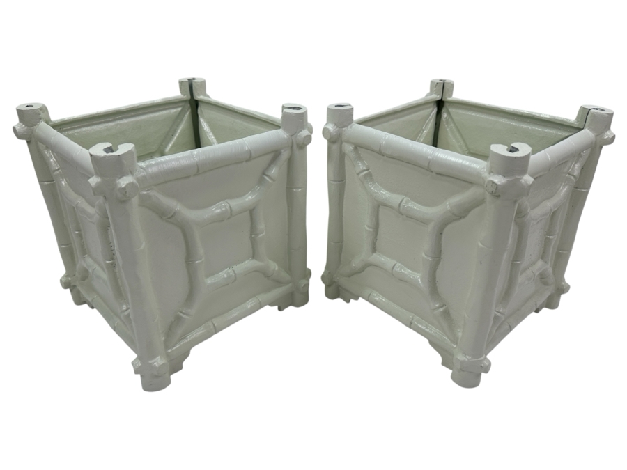 Pair Of Painted White Metal Faux Bamboo Cachepot Planters 9W X 9.5H [Photo 1]