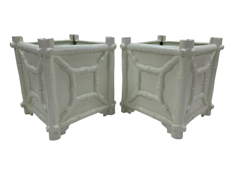 Pair Of Painted White Metal Faux Bamboo Cachepot Planters 9W X 9.5H [Photo 2]