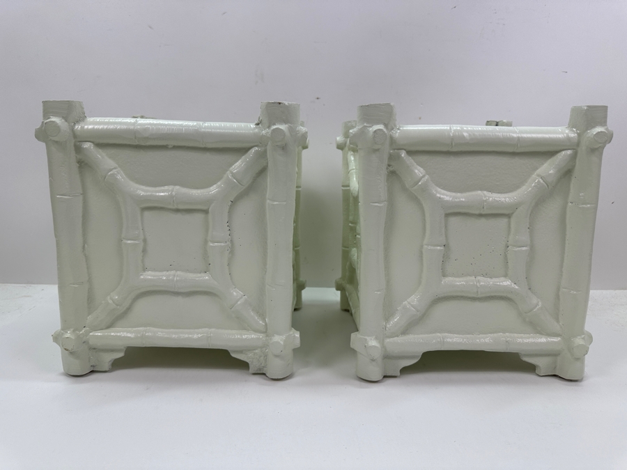 Pair Of Painted White Metal Faux Bamboo Cachepot Planters 9W X 9.5H [Photo 3]