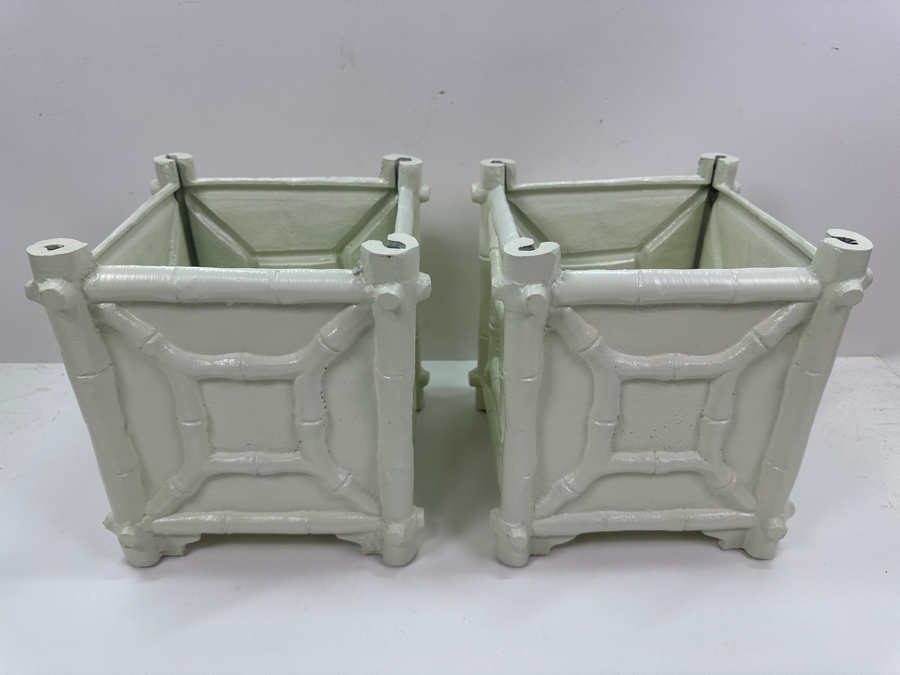 Pair Of Painted White Metal Faux Bamboo Cachepot Planters 9W X 9.5H [Photo 4]