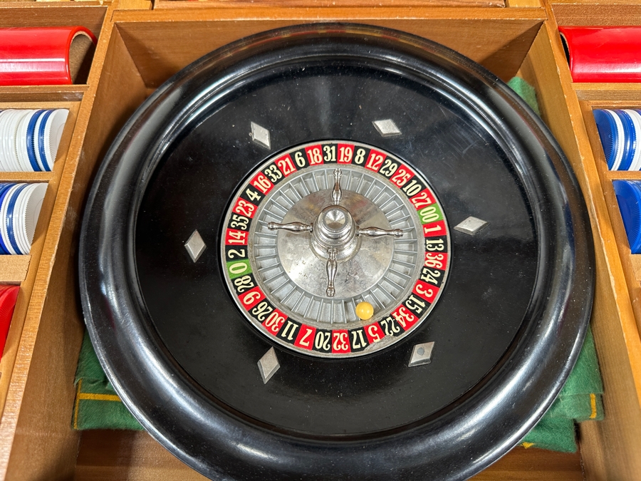 Just Added - Vintage John Samuels Co. J. S. Adult Games Good Luck Brand Portable Gambling Suitcase With Roulette Wheel, Poker, Chess, Checkers, Cards, Gambling Chips, Backgammon & More 20 X 19 X 5 [Photo 3]