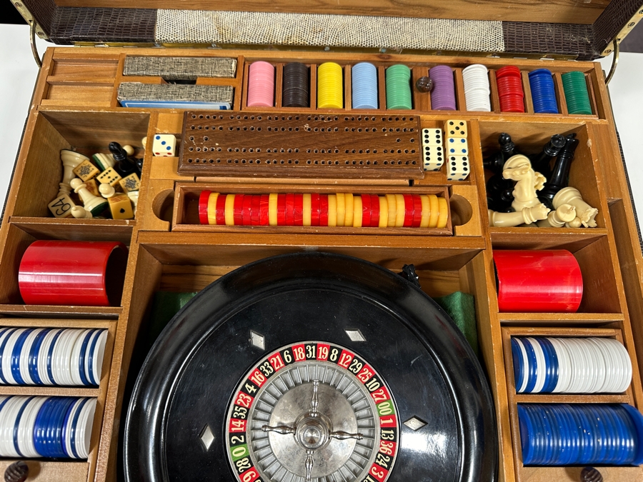 Just Added - Vintage John Samuels Co. J. S. Adult Games Good Luck Brand Portable Gambling Suitcase With Roulette Wheel, Poker, Chess, Checkers, Cards, Gambling Chips, Backgammon & More 20 X 19 X 5 [Photo 4]